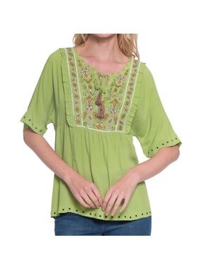 John Mark Lime Green Embroidered Short Sleeve Boho Tunic Top Size Medium